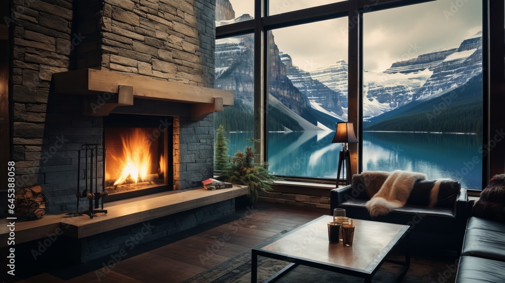 A room with a fireplace and large windows framing the rugged rocky mountains and serene lake louise, Canada, 16:9