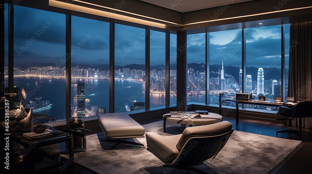 Fototapeta premium Hong Kong, a sleek room in a high rise building, revealing the dynamic cityscape and victoria harbour, 16:9, high quality