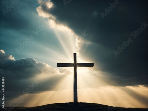 A Symbol of Hope: Cross on the Hill Illuminated by Sunrays. Generative ai