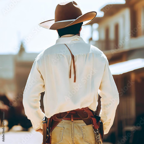Iconic back view of a cowboy, set against the backdrop of a Wild West town, reminiscent of classic Western movie scenes