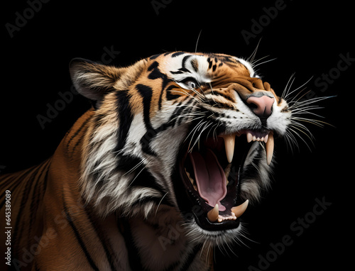 Portrait eines zähnefletschenden, fauchenden Tigers vor schwarzem Hintergrund, erstellt mit generativer KI © rawku5