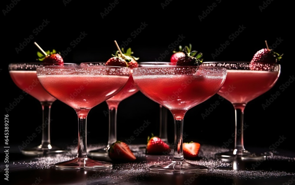 Frozen strawberry margarita cocktail in margarita glasses with pieces of fruit on black background. Classic drink menu concept.