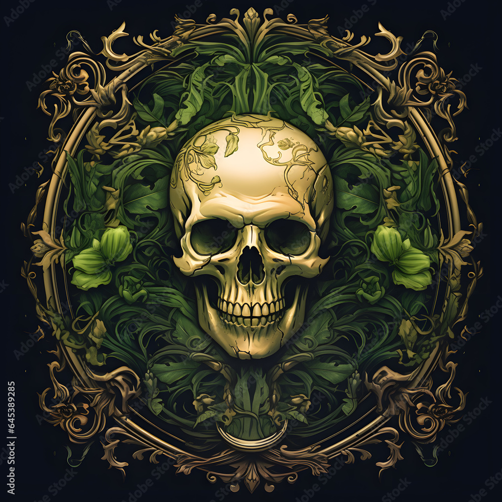 Skull with flower in an ornate frame with leaves Skull with flower in an ornate frame with leaves