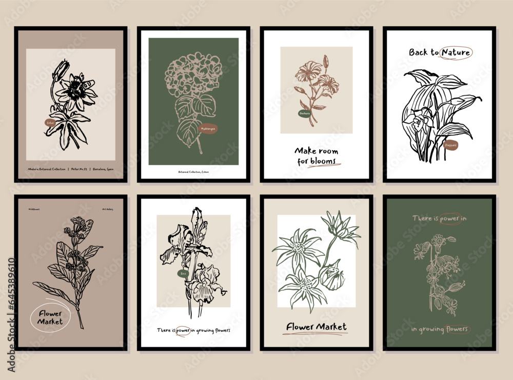 Abstract flower posters set. Trendy botanical wall arts with wild floral plants, leaves in doodle style. Modern naive groovy funky interior decorations, paintings. Colorful flat vector illustrations Abstract flower posters set. Trendy botanical wall arts with wild floral plants, leaves in doodle style. Modern naive groovy funky interior decorations, paintings. Colorful flat vector illustrations