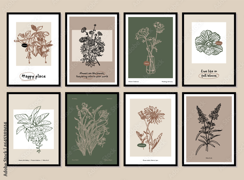 Abstract flower posters set. Trendy botanical wall arts with wild floral plants, leaves in doodle style. Modern naive groovy funky interior decorations, paintings. Colorful flat vector illustrations Abstract flower posters set. Trendy botanical wall arts with wild floral plants, leaves in doodle style. Modern naive groovy funky interior decorations, paintings. Colorful flat vector illustrations