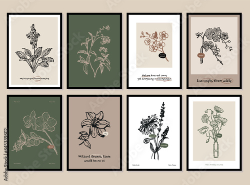 Abstract flower posters set. Trendy botanical wall arts with wild floral plants, leaves in doodle style. Modern naive groovy funky interior decorations, paintings. Colorful flat vector illustrations