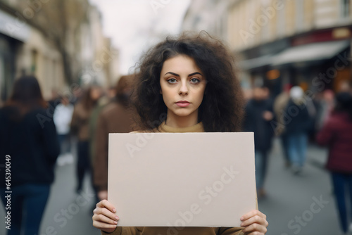 curly hair woman holding blank cardboard sign in protest crowd on the street © Ricky