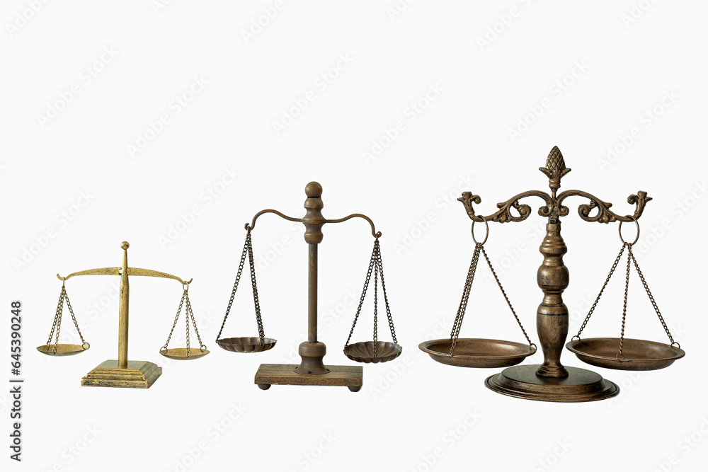 Law and justice concept, three scales of justice white stone background Law and justice concept, three scales of justice white stone background