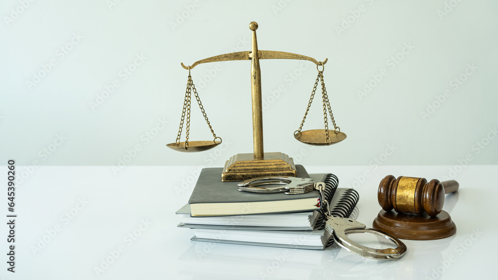 Scales of justice and judge's perch, law concept Scales of justice and judge's perch, law concept