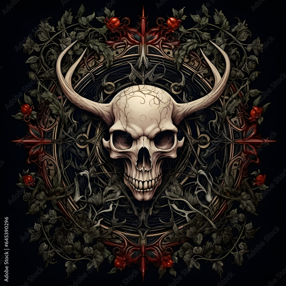 Fototapeta premium Skull with flower in an ornate frame with leaves