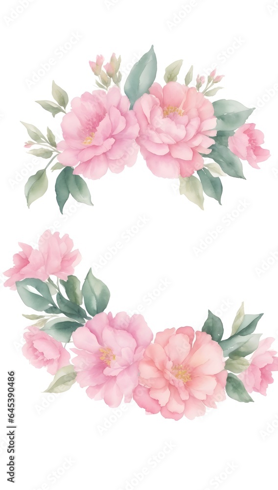 Watercolor Painting of a Wreath Made from Pink Flowers on a White Background