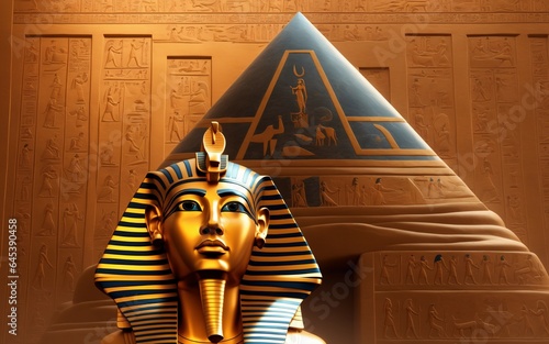  Golden mask of the pharaoh against the background of the pyramid. Ancient Egyptian hieroglyphs, pyramids, mysterious signs.