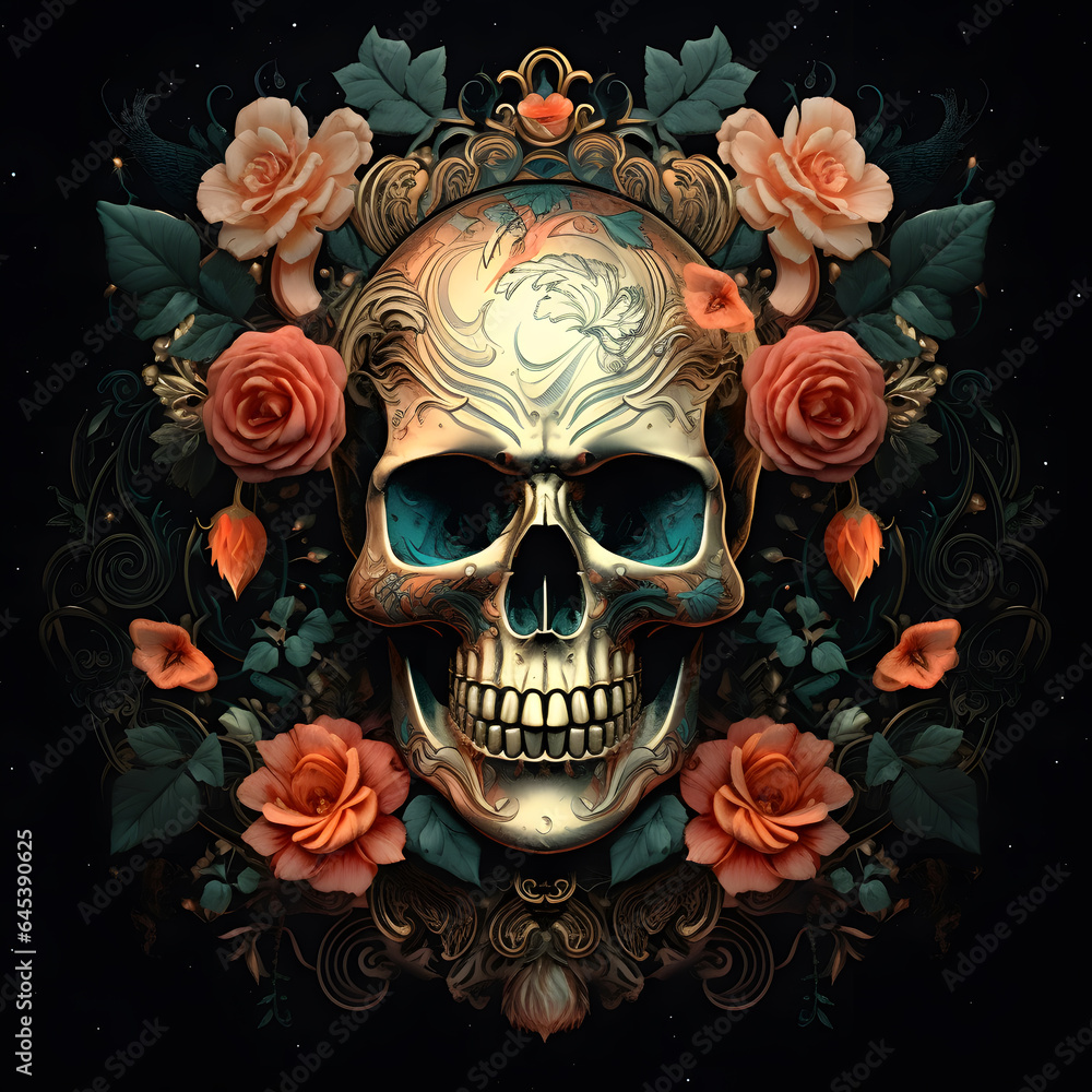Skull with flower in an ornate frame with leaves tattoo design dark art illustration isolated on black Skull with flower in an ornate frame with leaves tattoo design dark art illustration isolated on black