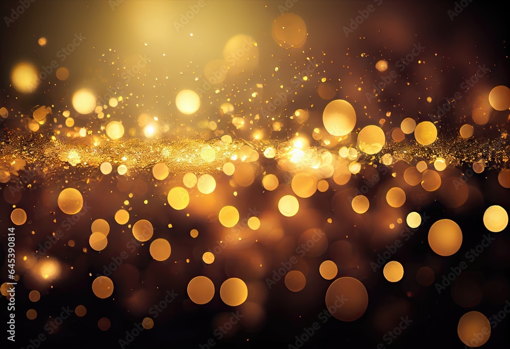 Many falling golden confetti, glitter bokeh lights background. Christmas decoration. Defocused. Luxury. Decoration. Festive. Celebration. Generative AI 