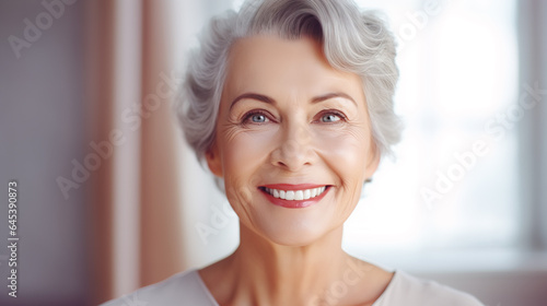 Close-up of old smiling old woman face wearing short grey hair and with a beautiful smile © IBEX.Media