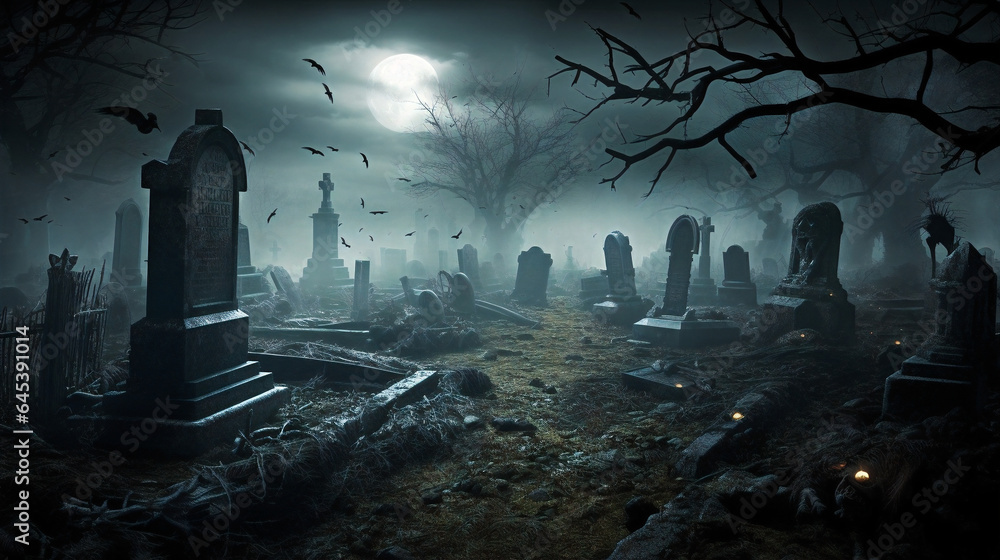 Spooky Halloween Night Cemetery. Undead, zombies, crypt, graveyard, graves, skulls, Generative AI  