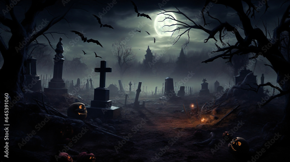 Spooky Halloween Night Cemetery. Undead, zombies, crypt, graveyard, graves, pumpkins, Generative AI  