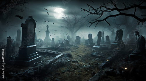 Spooky Halloween Night Cemetery. Undead, zombies, crypt, graveyard, graves, skulls, Generative AI  