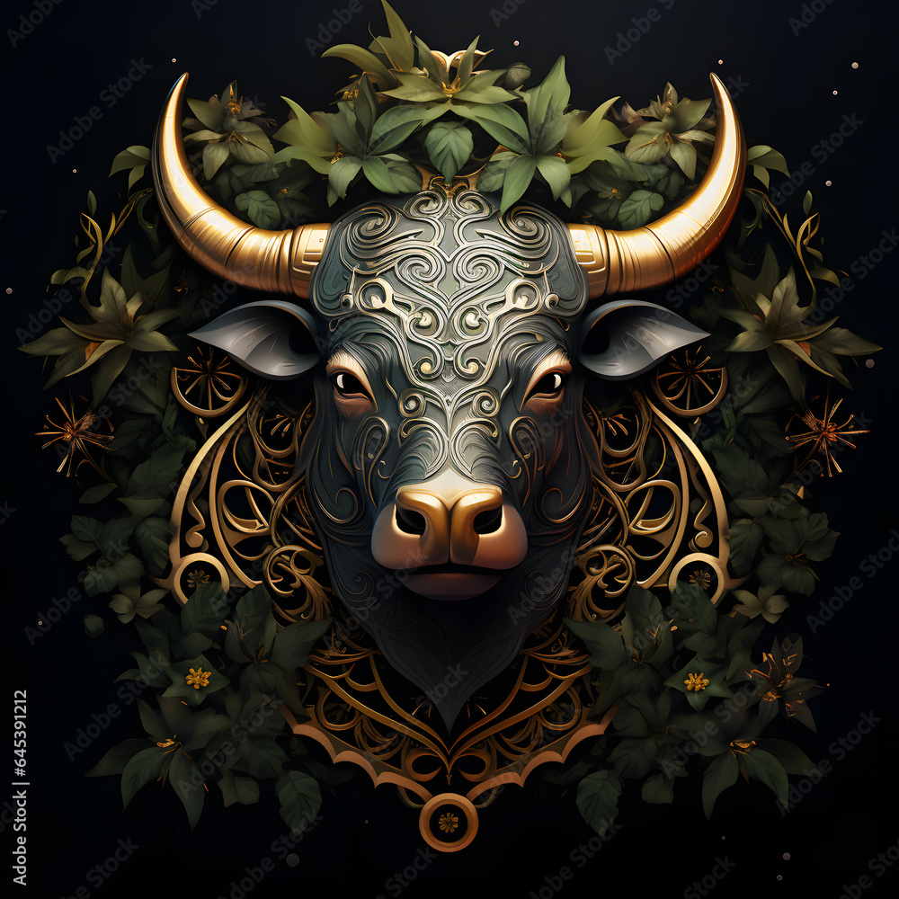 Taurus star sign in an ornate frame with leaves tattoo design dark art illustration isolated on white background Taurus star sign in an ornate frame with leaves tattoo design dark art illustration isolated on white background
