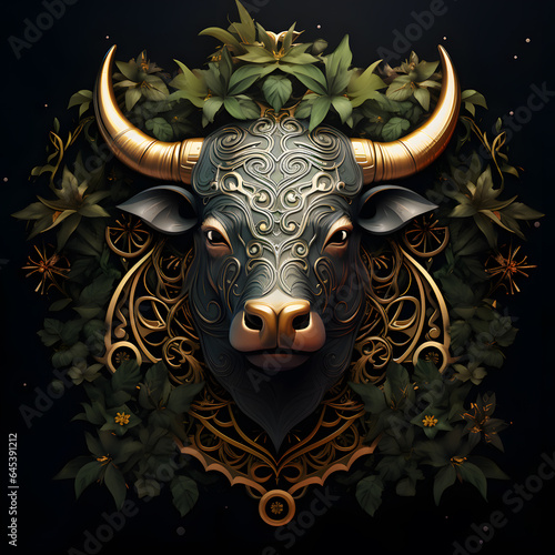Taurus star sign in an ornate frame with leaves tattoo design dark art illustration  isolated on white background