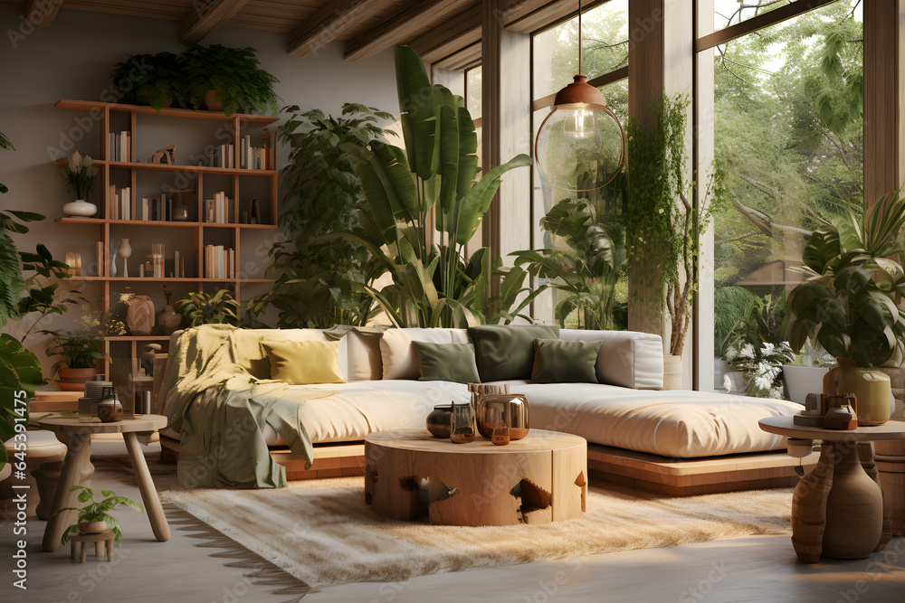 the harmony between natural elements like plants and modern decor living room