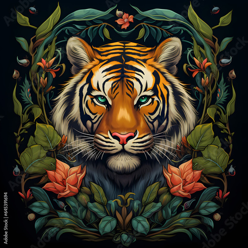 Tiger in an ornate frame with leaves