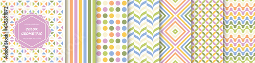 Collection of color seamless geometric patterns. Abstract bright backgrounds. Vibrant design. Modern stylish endless prints
