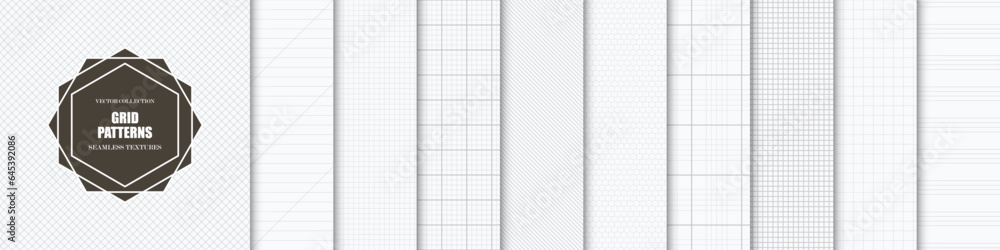 Collection of vector seamless geometric patterns. Grid paper textures. White and gray minimalistic striped backgrounds Collection of vector seamless geometric patterns. Grid paper textures. White and gray minimalistic striped backgrounds