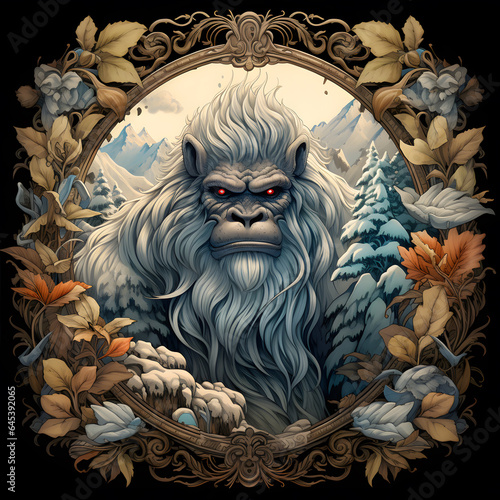 Yeti Himalayan Folklore in an ornate frame with leaves