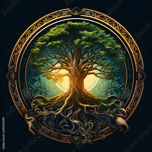 Yggdrasil Norse Mythology in an ornate frame with leaves