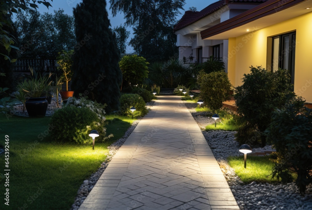 Fototapeta premium A lawn with garden lighting illuminating a walkway