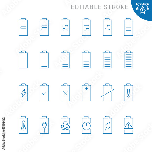 Vector line set of icons related with battery. Contains monochrome icons like accumulator, power, charge, energy, electricity and more. Simple outline sign. Editable stroke.