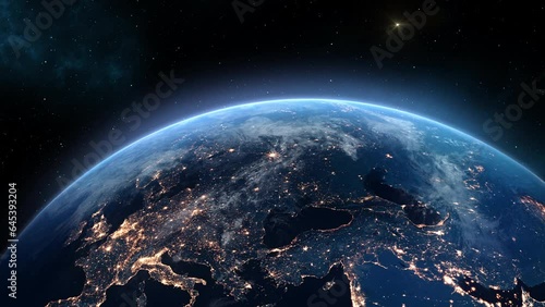 Europe from Space. Planet Earth Population Night Cities Lights. Beautiful View of the Globe Electricity Light from Orbit Satellite. Global World Technology and Business Concept. 4k Ultra HD