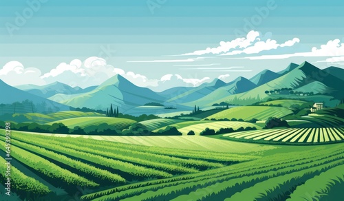 A farmland illustration with the mountains in the background