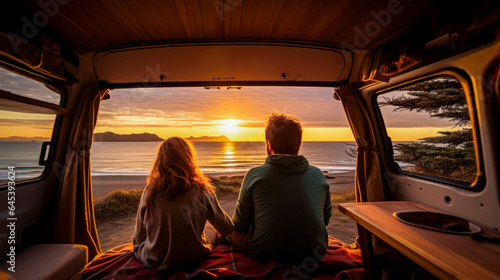couple enjoying the sunset inside their camper van close to beach - vanlife concept