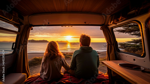 couple enjoying the sunset inside their camper van close to beach - vanlife concept © juancajuarez
