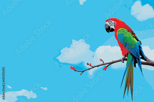 Vector bright macaw parrots sit on a 
palm branch against the background of the sky and clouds.  Exotic birds of paradise.