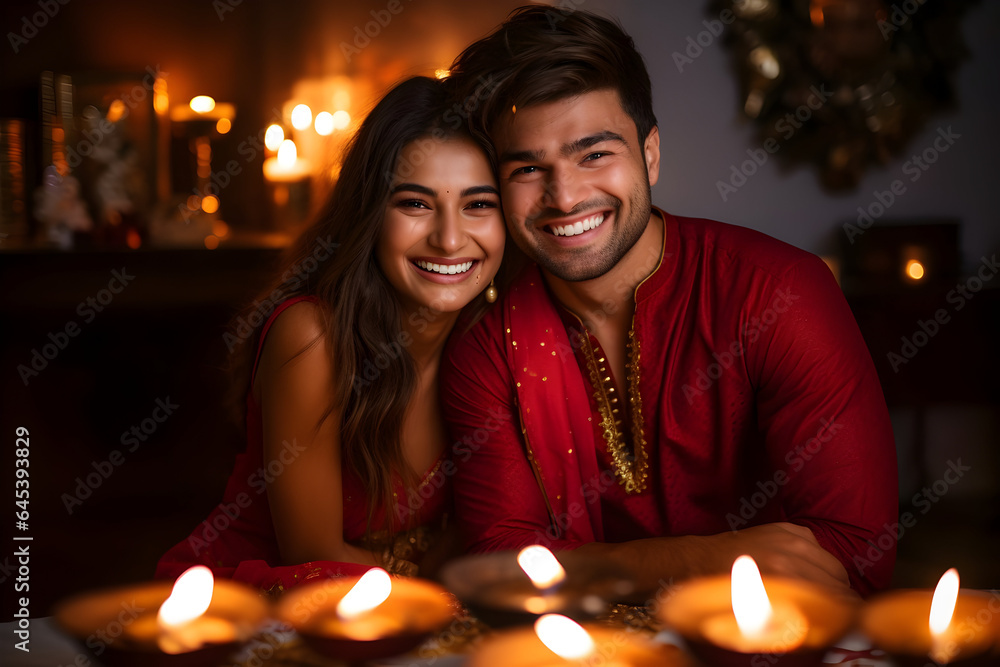 Diwali Delight A Smiling Young Indian Married Couple Joyfully Celebrating the Festival of Lights Together Happy Diwali day Diwali Delight A Smiling Young Indian Married Couple Joyfully Celebrating the Festival of Lights Together Happy Diwali day