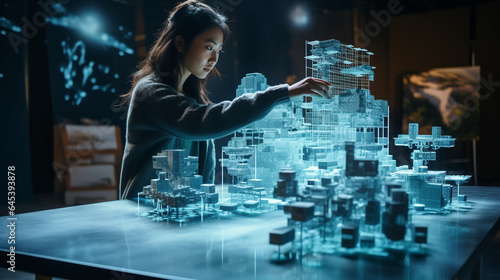 Generative ai woman architect working with holographic augmented reality 3D city model