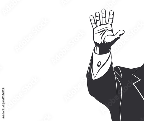 Vector graphic black and white human male hand in a suit raised up with an open palm. Greetings from a politician. Isolated background.