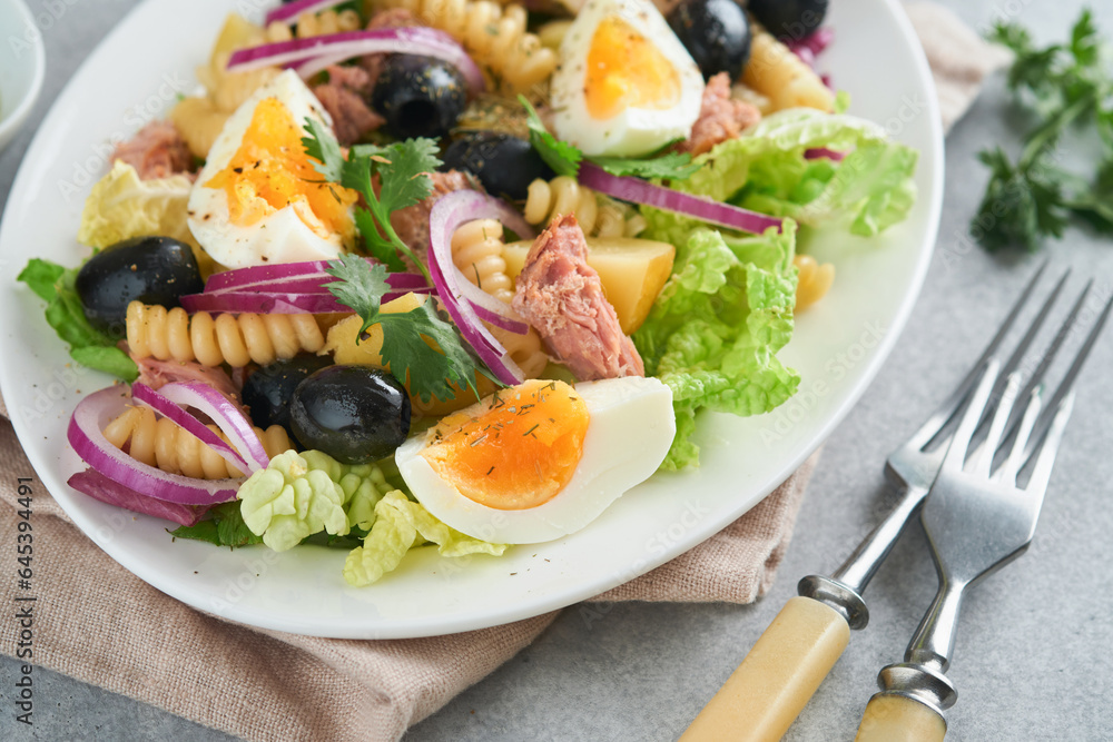 Tuna salad with pasta, eggs, potatoes, olives, red onions and sauce in white plate on old light gray concrete table background. Nicoise salad. French cuisine. Top view. Flat lay. Tuna salad with pasta, eggs, potatoes, olives, red onions and sauce in white plate on old light gray concrete table background. Nicoise salad. French cuisine. Top view. Flat lay.