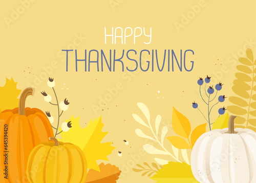 Happy Thanksgiving text on a background with pumpkin, autumn berries and leaves. Vector illustration.