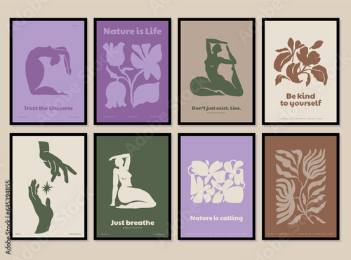 Bohemian collection of woman portrait, yoga poses and botanical illustrations for wall art gallery