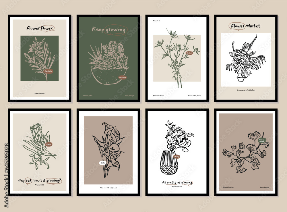 Abstract flower posters set. Trendy botanical wall arts with wild floral plants, leaves in doodle style. Modern naive groovy funky interior decorations, paintings. Colorful flat vector illustrations Abstract flower posters set. Trendy botanical wall arts with wild floral plants, leaves in doodle style. Modern naive groovy funky interior decorations, paintings. Colorful flat vector illustrations