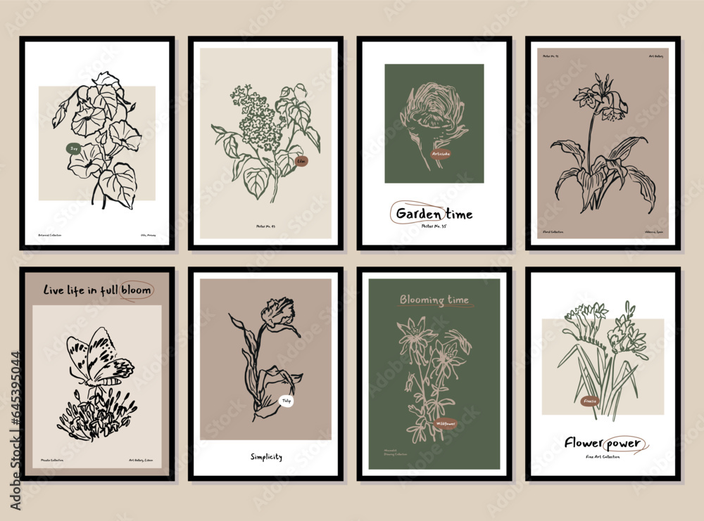 Abstract flower posters set. Trendy botanical wall arts with wild floral plants, leaves in doodle style. Modern naive groovy funky interior decorations, paintings. Colorful flat vector illustrations Abstract flower posters set. Trendy botanical wall arts with wild floral plants, leaves in doodle style. Modern naive groovy funky interior decorations, paintings. Colorful flat vector illustrations