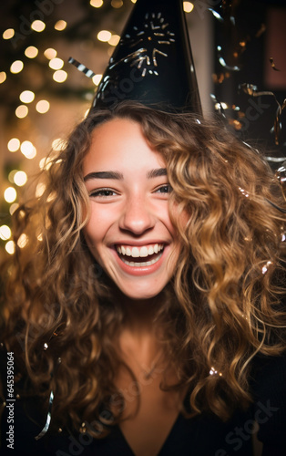 A happy and smiling young woman celebrates new years eve