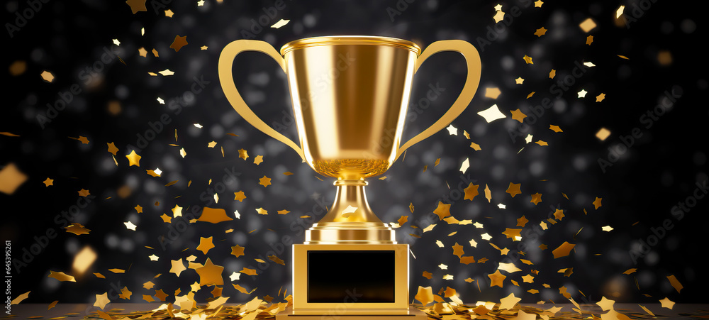 Gold first place winners trophy with falling confetti, champion golden trophy for winner, success and achievement award in business first place best concept Gold first place winners trophy with falling confetti, champion golden trophy for winner, success and achievement award in business first place best concept