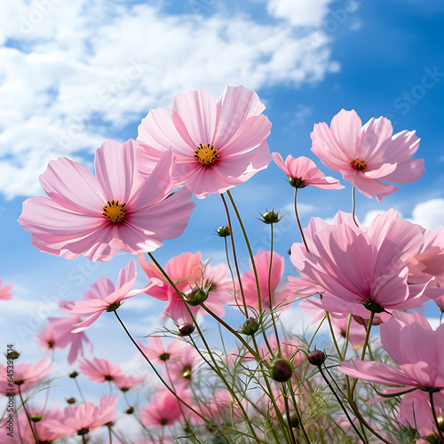 pink cosmos flower on blue sky and white background