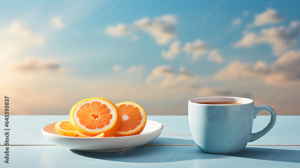 Sun and white cup on blue background. good morning concept, Bright color. Generative Ai Sun and white cup on blue background. good morning concept, Bright color. Generative Ai