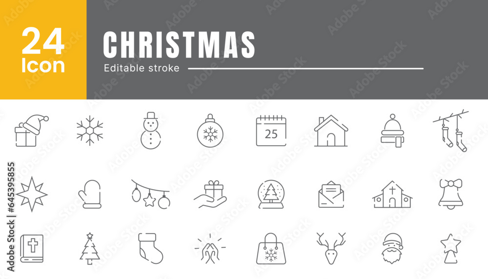 Set of web icons in line style. Christmas icons for web and mobile app. Hat, calendar, holly, outline, star, angel, balloon, checklist, ETC.